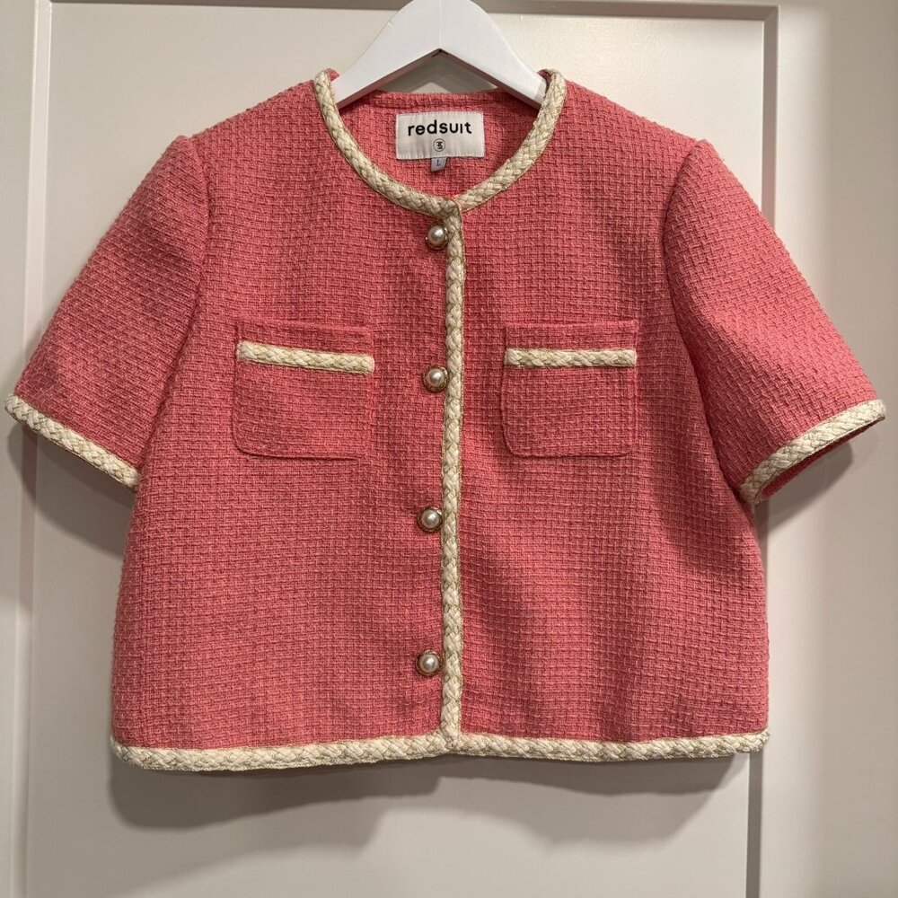 Pink tweed button down short sleeve shirt